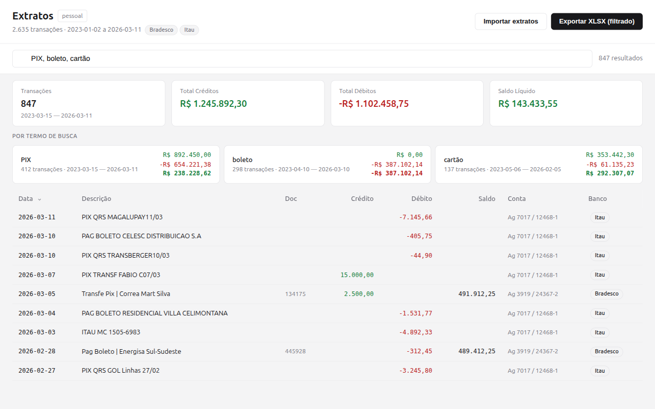 Extratos app — busca multi-termo com resumos por PIX, boleto e cartão
